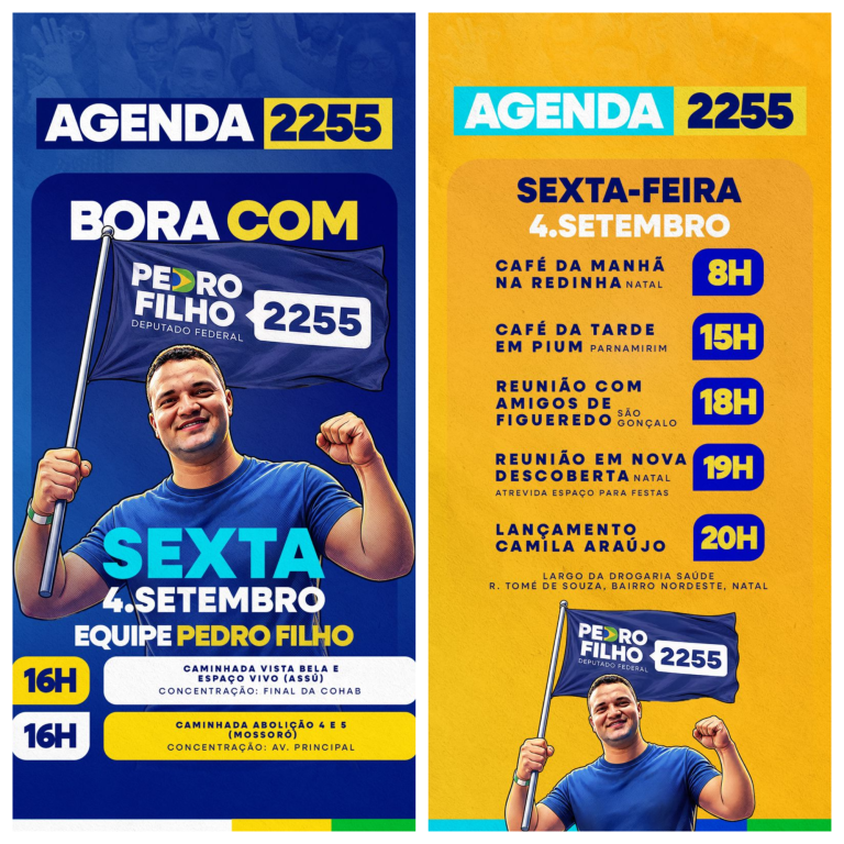 Acompanhe a Agendo do candidato a federal Pedro Filho para esta sexta-feira (04)